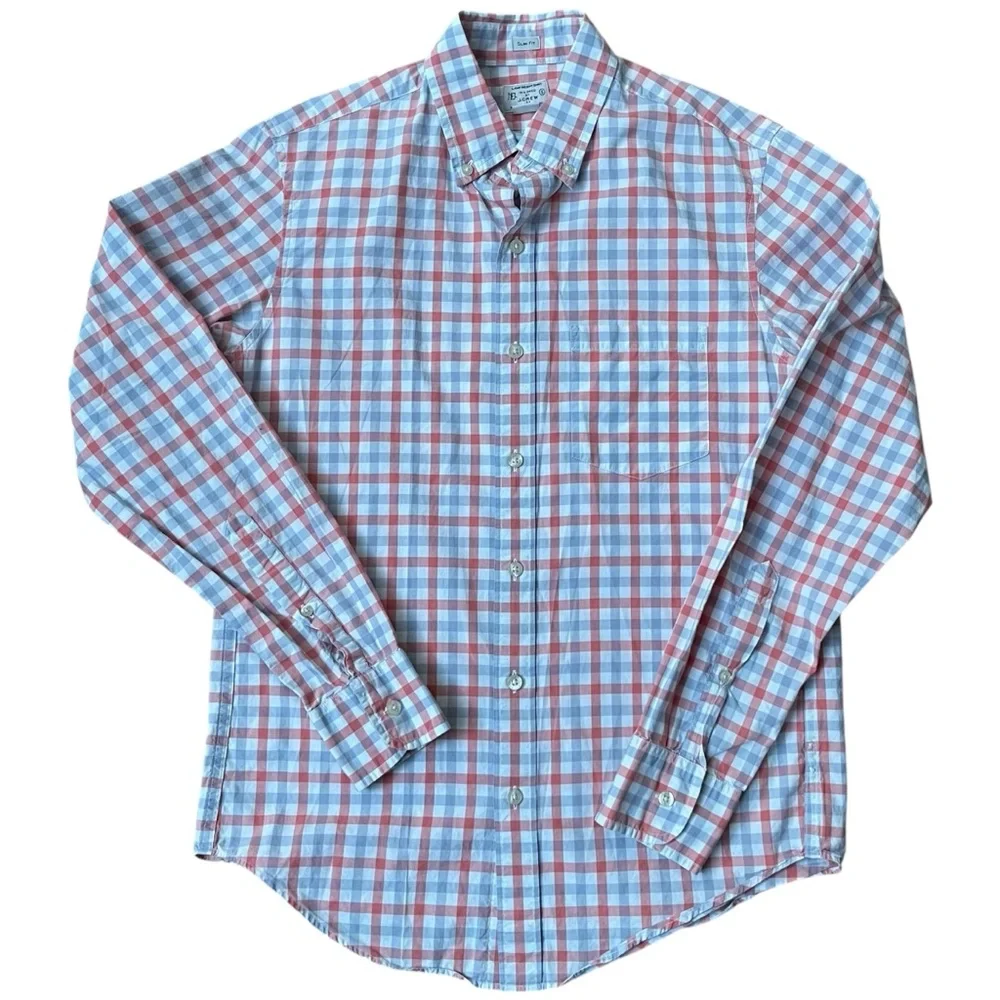 Crew Slim Fit Plaid Button‎ Down Shirt Blue Salmon Cotton Men’s Small